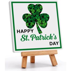 St Patricks Day Decoration - Happy Saint Patricks Day Accessories Decor, Wood Ceramic Table Desk Sign, Green Lucky Shamrock Home Office Spring Tiered Tray Decor Centerpiece