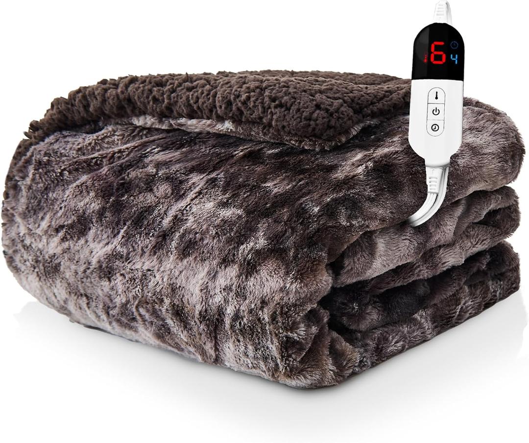 Electric Heated Blanket Twin Size - Faux Fur Sherpa 62"x84" Fast Heating Bed Blankets Throw with 6 Heating Levels & 10 Hours Auto Off, Over-Heat Protection ETL, Brown