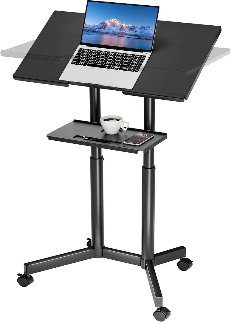 BONTEC Lecterns & Podiums Portable Mobile Standing Laptop Desk, Height Adjustable, Sit Stand, Home Office Classroom Pulpit Stand Up Desk Workstation, Rolling Table Laptop Cart with Storage Tray