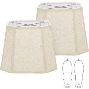Rectangle Lamp Shades Set of 2, 10.5" x 10"x 13" Medium Cut Corner Beige Lampshades Natural Linen Hand Crafted, Include 2 Pack Lamp Harps, Suitable for E26 Base and Saddle Base, Easy Assembly Required