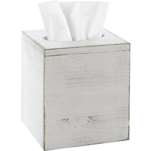 MyGift Vintage White Wood Tissue Box Cover Holder with Easy Refill Slide Out Bottom, Decorative Square Bathroom Facial Tissue Holder