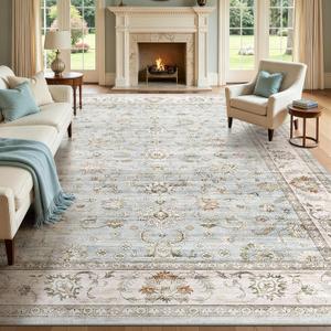 WITSHOCK 10x12 Area Rugs for Living Room: Machine Washable Non Slip Vintage Carpet - Low Pile Lightweight Print Rug for Bedroom Dining Room - Stain Resistant for Household - Pet Owners (Light Blue)