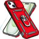 SunStory Compatible with iPhone 15 Plus Case with HD Screen Protector & Slide Camera Cover & Rotated Ring Kickstand, [Military-Grade] Phone Case for iPhone 15 Plus,Red