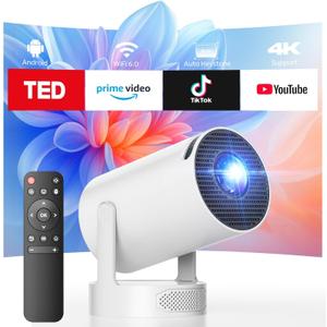 Mini Projector with WiFi and Bluetooth, Smart Portable Movie Projector 4K Support, 300 ANSI, 5W Base Speaker, 220 Rotation, Auto Vertical Keystone, Compatible with USB/HDMI/TV Stick/Laptop/Smartphone