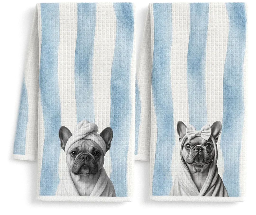 Funny French Bulldog Hand Towels for Bathroom, Gifts for French Bulldog Lovers, Blue Striped Frenchie Dog Decorative Hand Towels for Bathroom Yoga Spa Gym Restroom, 16x24 Inch Set of 2