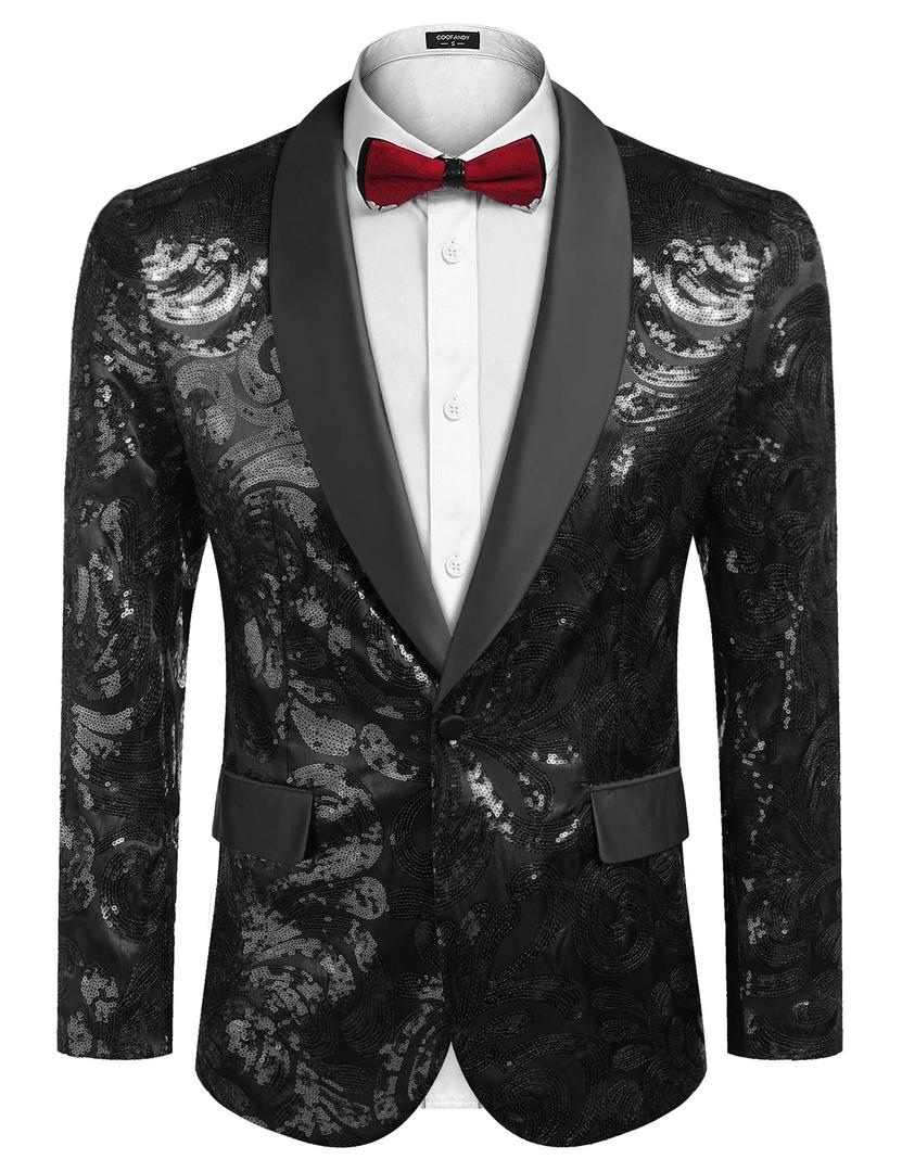 COOFANDY Men's Sequin Blazer Sparkly Glitter Fashion Jacket Prom Festival Shiny Blazer Suit Big and Tall Black, XXXL