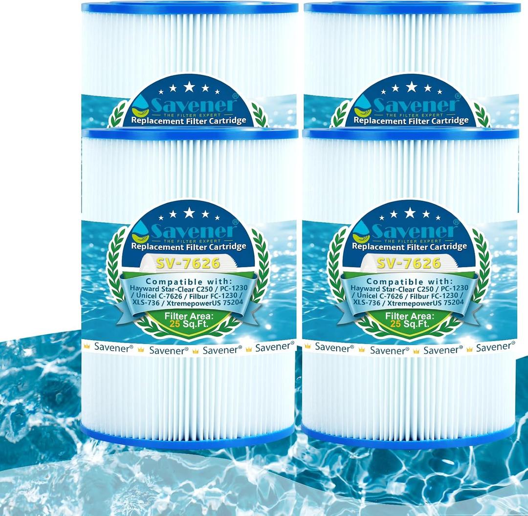 Savener C-7626 Hot Tub Spa Filter Cartridge, Replaces Hayward C250, Unicel C-7626, Filbur FC-1230, PA25-4, CX250RE, CX250-RE, HF7626-01, 25 Sq. Ft, 4 Pack
