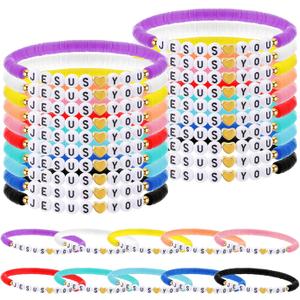 30 Pcs Jesus Loves You Bracelets Bulk Friendship Bracelets Clay Bead Christian Wristbands for Kids Religious Jesus Loves You Wristbands Christmas in July Sunday(Rainbow)