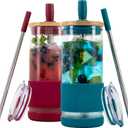 Pandaloo Glass Cups With Lids and Straws -20 Fl Oz- Perfect Size Iced Coffee Cup - Smoothie Cup With Bamboo Lid and On the go Lid - Glass Tumbler (2 Count (Pack of 1), Boysenberry-Intense Teal)