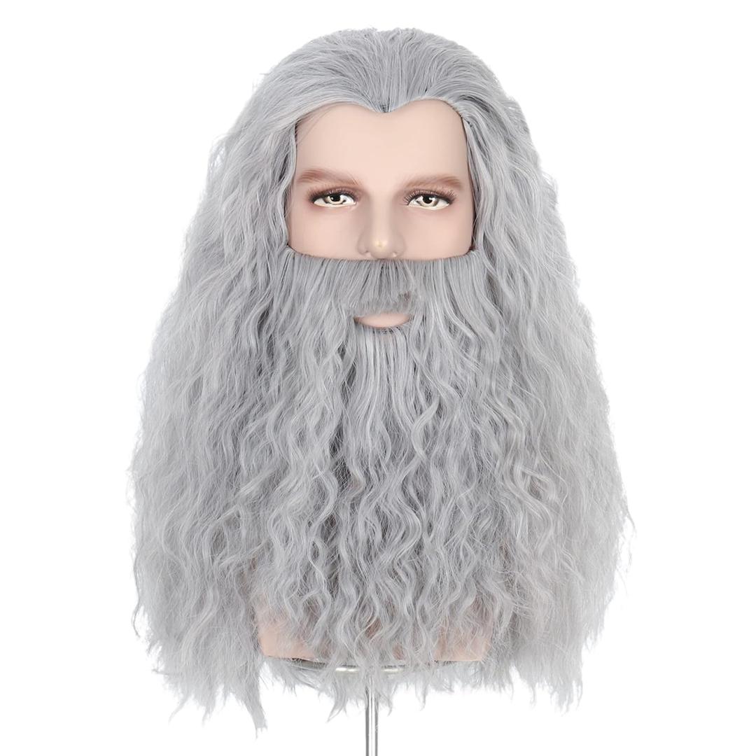 Yan Dream Grey Men Long Curly Hair Wig with Beard, Heat Resistant Synthetic, Classic Style, Adult Men's Cosplay Wig