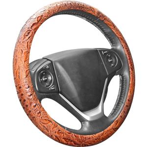 ZYHW Car Steering Wheel Cover Universal 15 inch Auto Antislip Leather Protector Flower Grain Brown