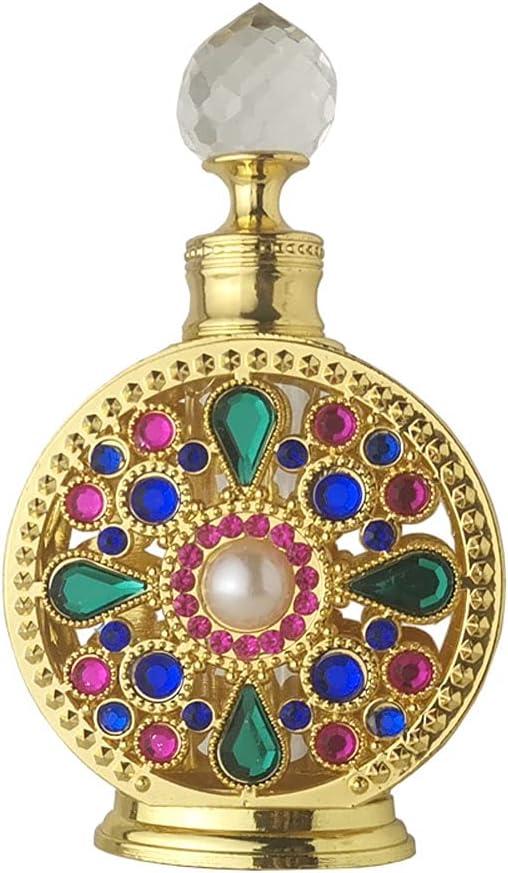 Leadigol 10ML Dubai Arabic Style Rhinestone Empty Perfume Bottle,Refillable Empty Perfume Portable Cosmetic Container Alloy Golden Essential Oil (no perfume in bottle)