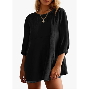Tankaneo Womens 3/4 Sleeve Tunic Tops Casual Summer Peplum Flowy Oversized Babydoll Blouse Shirts Size S