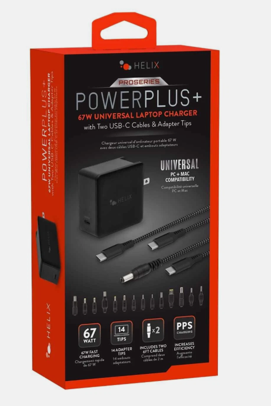 Helix power Plus 67Watts Universal Laptop Charger With 2 USBC Cables And Adapter Tips