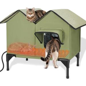 Large Heated Cat House for Outside in Winter, Elevated Waterproof Cat House for Outdoor Cats with Heating Pad, Insulated Heated Outdoor Cat House Weatherproof for Stray Cats Small Dogs (Green)