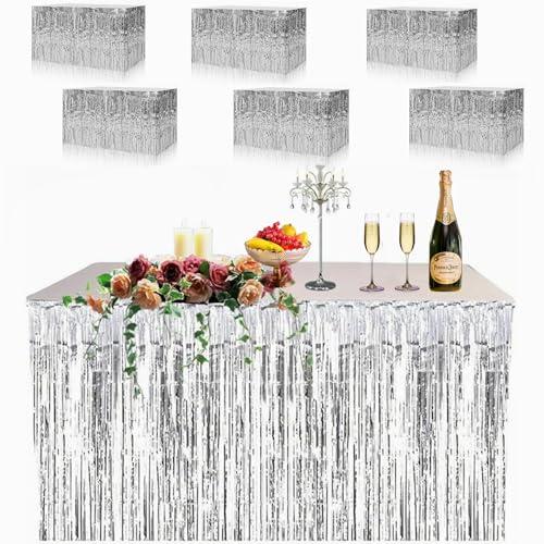 2 Pack Metallic Foil Fringe Tinsel Table Skirt, antfees 29.5''x108'' Disposable Party Table Skirt Banner for Rectangle Tables, Wedding, Birthday, Parade Floats, Party Decoration (Silver)