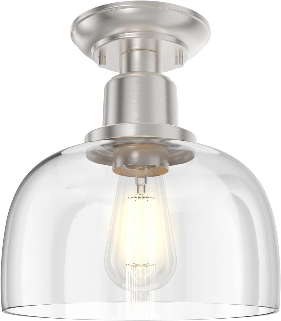 EAPUDUN Semi Flush Mount Ceiling Light, Modern Light Fixture with Clear Glass Shade, Brushed Nickel Finish for Hallway Corridor Kitchen Bathroom Bedroom Passway, FMA1123-BNK