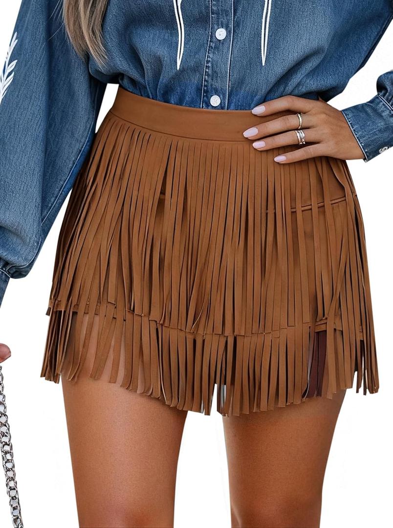 SOFIA'S CHOICE Women Fringe Mini Skirt Faux Suede Tassel Western Cowgirl High Waist Skirts (Bronze) Small
