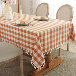 Laolitou Checkered Fall Tablecloth Rectangle Washable Buffalo Plaid Table Cloth with Tassel Cotton Linen Gingham Thanksgiving Table Cover for Picnic Kitchen Dining Room, Orange, 120 Inch (120" x 55" (Rectangular))
