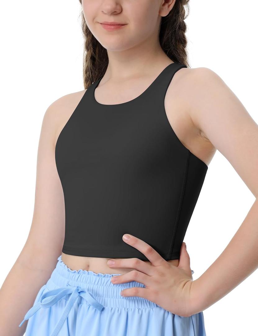 Girls Tank Tops Double Lined Crop Tops for Kids High Crew Neck Racerback Basic Sleeveless Dance Top for Girls (Medium, Black)