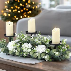 Zonon 21.6" Wedding Candle Centerpiece with Eucalyptus Leaves and Roses 3 Wedding Pillar Candle Holder Tabletop Decoration for Home Table Party Decoration (Eucalyptus and Roses)