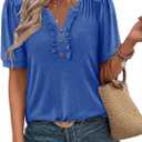 KISSMODA Women's Tunic Tops Casual V Neck Short Sleeve T Shirts Summer Puff Sleeve Ruffle Blouses (L)