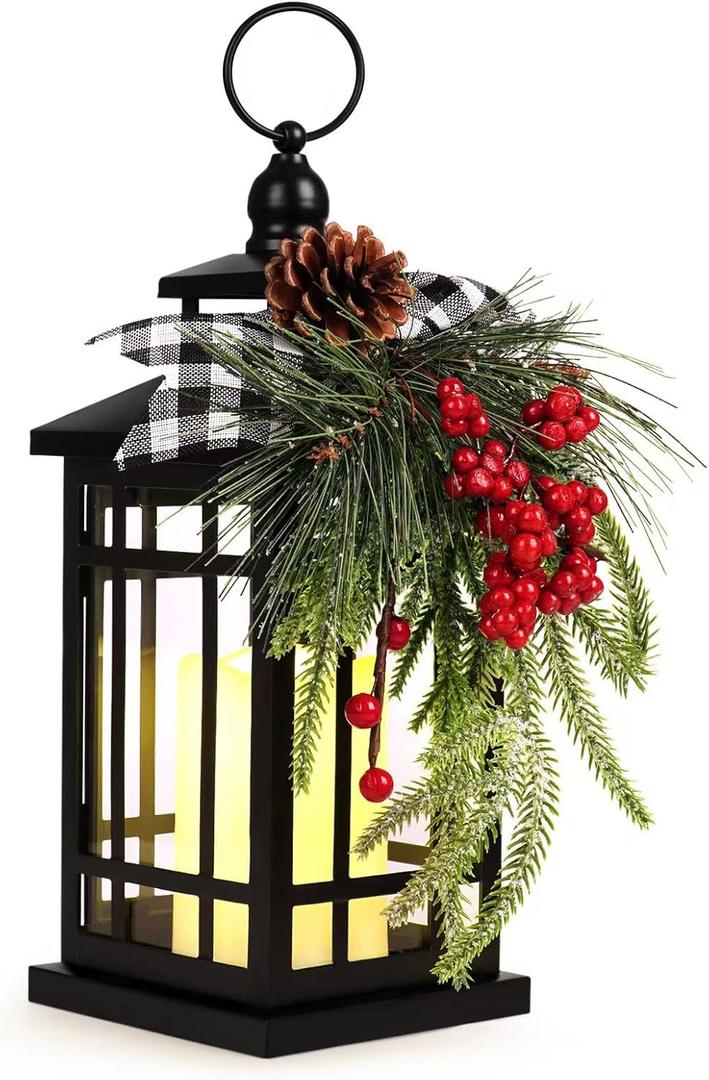 Metal Christmas Decorative Candle Lantern with Led Light,Plaid Ribbon,Lighted Hanging Vintage Lanterns for Home Decor Table Fireplace Porch Indoor Outdoor Decorations,Serpro