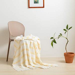 Simple&Opulence Yarn Dyed Striped Cotton Muslin Throw Blanket for Bed, Couch, Knit Woven Blanket with Tassels Soft Lightweight Cozy Pre-Washed Breathable Farmhouse Decoration for All-Season(Yellow)45x45