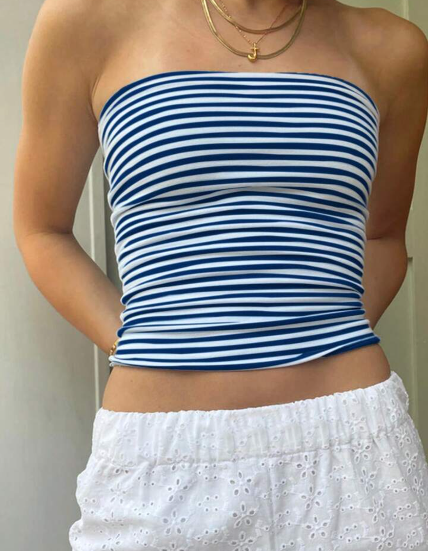 INAWLY Casual Striped Print Bandeau Tube Top For Summer, SIZE S