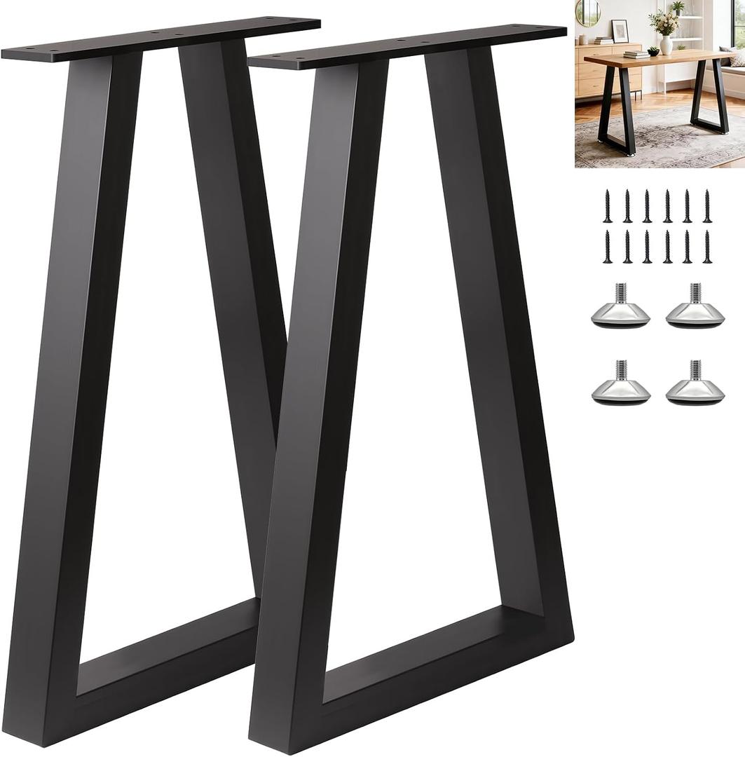 28 Inch Metal Table Legs Trapezoid, Heavy Duty Industrial Steel Desk Leg with Adjustable Feet Pads for Dining Table, Kitchen Base, Console, Black
