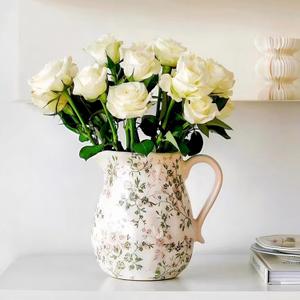 Vintage White and Green Floral Ceramic Vase with Handle, Retro Ice Glazed Crack Farmhouse Pitcher Vase for Home Decor, Living Room, Shelf, Office, Rustic Table Centerpiece 8 Inch (8 Inch Green Flower)