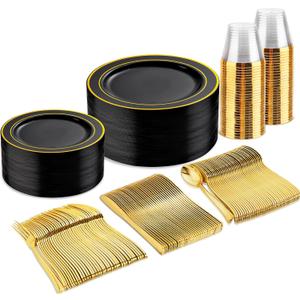 bUCLA 150 Pieces Black and Gold Disposable Dinnerware Set - 25 Guests Black Gold Plastic Plates Include 25 Dinner & 25 Dessert Plates, 25 Spoons, 25 Forks, 25 Knives, 25 Cups for Party & Graduation