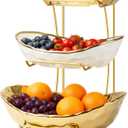 Fruit Bowl for Kitchen Counter with Metal Stand, 3 Tier Fruit Basket for Counter, White Gold Ceramic Fruit Bowl, Detachable Rack for Fruit Vegetable Snack Dessert Storage (Gold)
