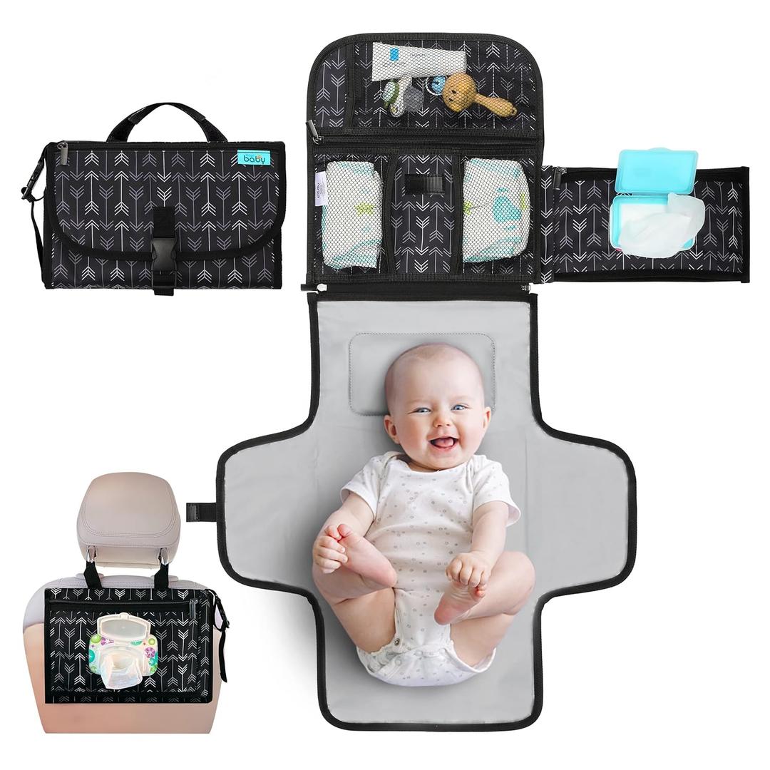 Kopi Baby Portable Diaper Changing Pad - Baby Diaper Changer Travel Bag with Wipes Pocket, Smart Design Portable Changing Mat, Infant Travel Station Kit, Gift for Newborn Girl & Boy - Black Arrows (Premium)