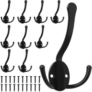 Homanu 10 Pack Coat Hooks Heavy Duty, Metal Three Prongs Large Coat Hooks Wall Mounted with 20 Screws, No Rust Black Rustic Wall Hooks for Hanging Towel, Coat, Scarf, Bag, Hat, Cup, Key