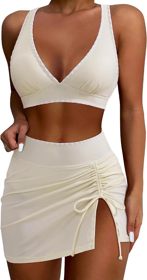 SUUKSESS Women High Waisted Bikini Sets with Skirt Sexy Crisscross Back Swimsuit (Beige, L)