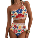 Women's High Waisted Bikini Set Floral One Shoulder Boho Swimwear Bathing Suit Swimsuit, Small