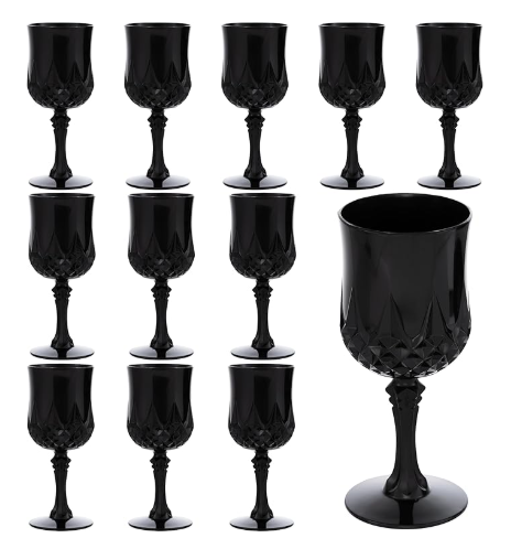 JLYLOL Plastic Vintage Glasses 7OZ Plastic Goblets Vintage Drinking Glasses 12PCS Retro Wedding Glassware Water Goblets Reusable Drinking Cups for Party, Reception, Celebration, Bar, Whiskey(Black)