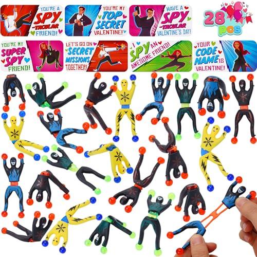 JOYIN 28 Packs Valentines Day Sticky Stress Relief Tricky Toys with Cards,Classroom Exchange Prizes, Sticky Wall Climbing Men Ninja with Cards, Stress Relief Toys for Kids Party Favor
