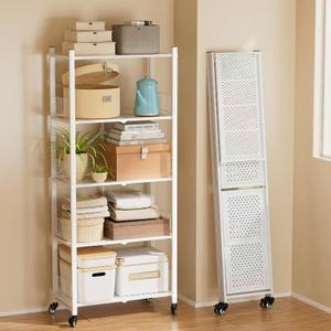 Folding Shelves No Assembly, 5 Tier Heavy Duty Foldable Storage Shelves with Wheels, 220LBS Per Shelf Metal Collapsible Rack for Garage Pantry, White