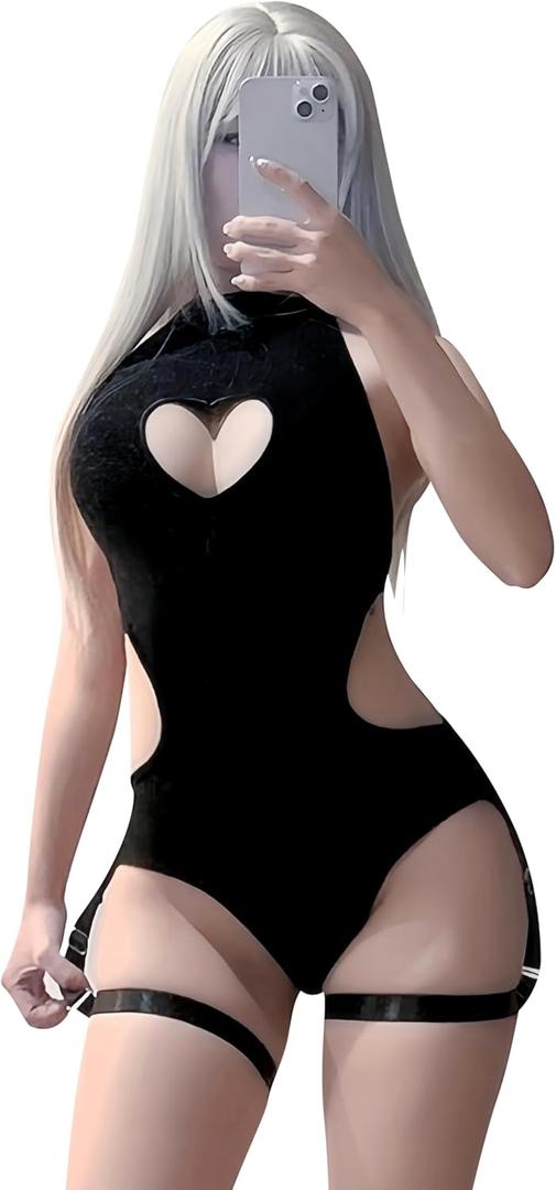 KORURACLUB Women's Black Lingerie Backless Bodysuit Corset Top Sexy Bodysuits Halter Neck Bodysuit Heart Cutout Corset Top (Black, L/ XL)
