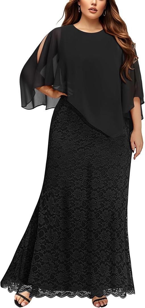 Women's Plus Size Cape Dress with Chiffon Overlay Gown Formal Evening Lace Long Mermaid Dresses 2025, 20W
