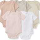 Burt's Bees Baby Unisex Bodysuits, Short Sleeve Organic Sleepwear, 5-Pack | Essential baby bodysuit pack featuring an easy-on and off lap-shoulder neck design for stress-free daily outfitting