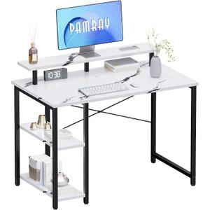 Pamray 33.5 Inch Small Computer Desk with Monitor Stand and Shelves