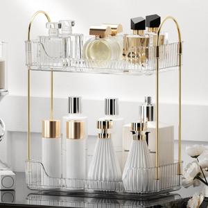 YCIA&DONE Bathroom Organizer Countertop, Makeup Storage, Skincare Cosmetic Tray Shelf, Perfume Holder Rack for Vanity Counter, Large Capacity, Easy to Install, Clean, 2 Tiers, Smoky Gray