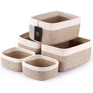 5-Pack Small Woven Rope Storage Baskets  2 Sizes Organizer Bins for Closet, Shelf, Bookshelf, Nursery, Changing Table, Fabric Cube Boxes, Rectangular Shallow Bins for Bathroom, Toy & Home (11.81*7.48*4.72'' & 5.91*5.91*2.56'', Natural & White)
