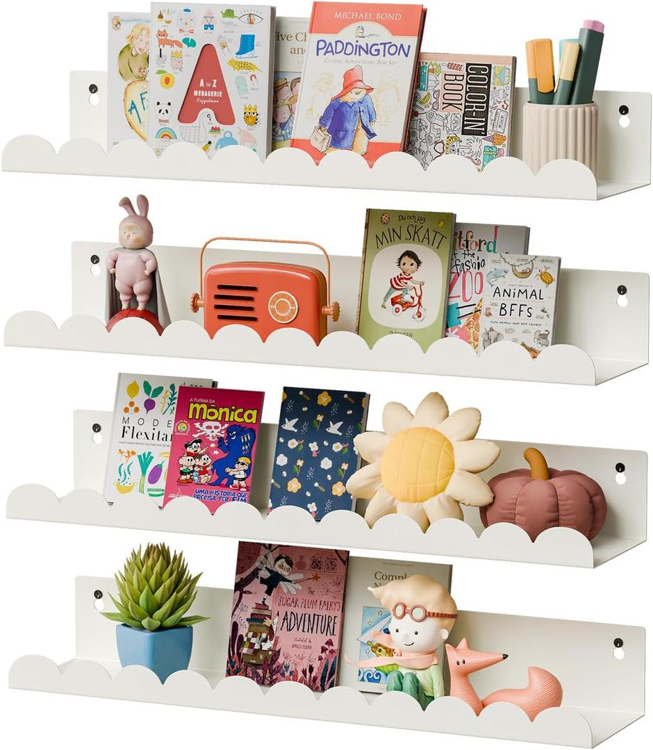 sothfubo Nursery Book Shelves, Kids Bookshelf and Toy Storage, 17 Inch Metal Floating Shelves Set of 4, Wall Shelves for Bedroom, Kids Room, Bathroom, Kitchen, Playroom Decor, Nursery Decor