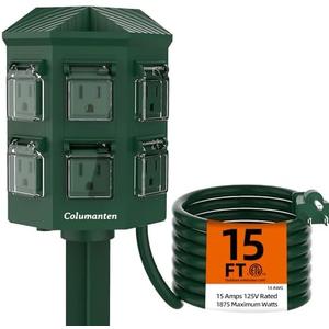 Outdoor Power Stake with 15ft Extension Cord Waterproof, Outdoor Power Strip with Covers, 6 Grounded Outlets for Christmas Lights, 15A/1875W, ETL Listed