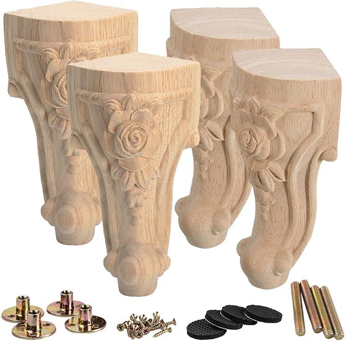 La Vane 10 inch / 25cm Wooden Furniture Legs, Set of 4 European Style Solid Wood Carving Furniture Replacement Feet Decoration for Sofa Cabinet Wardrobe Table Loveseat