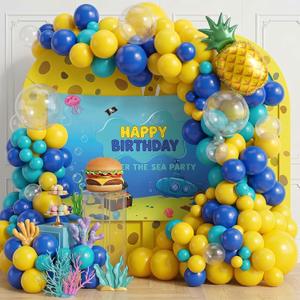 Cartoon Sponge Themed Birthday Party Decorations Kit - Blue and Yellow Balloon Arch Garland with Backdrop, Pineapple Foil Balloons - Under the Sea Party Supplies for Boys and Girls Birthday Decor